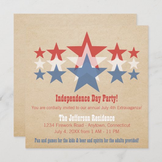 Red, White en Blue Star Cascade, 4e juli Uitnodigi Kaart (Voorkant / Achterkant)
