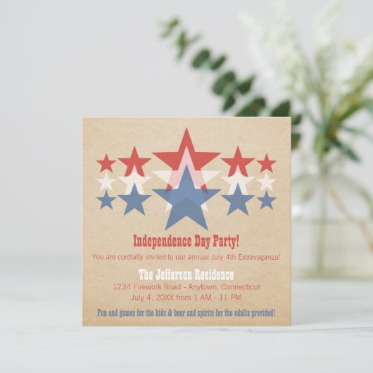 Red, White en Blue Star Cascade, 4e juli Uitnodigi Kaart (Staand voorkant)