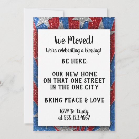 Red White en Blue, we hebben Housewarming BBQ verp Kaart (Achterkant)