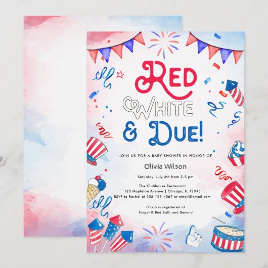 Red White en Due - 4 juli Baby shower Kaart (Voorkant / Achterkant)