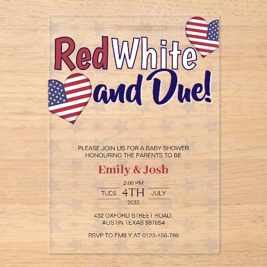 Red White en Due 4 juli Co ed Baby shower Acryl Uitnodigingen (Voorkant)