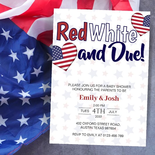 Red White en Due 4 juli Co ed Baby shower Kaart