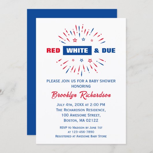 Red White en Due Patriotic Baby shower 4 juli Kaart (Voorkant / Achterkant)