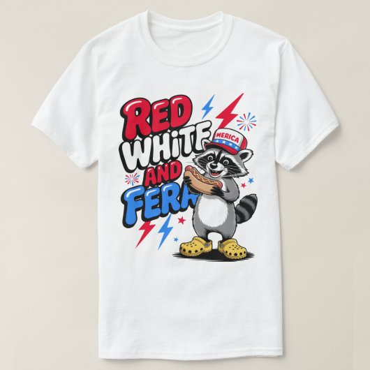 Red White en Feral Funny Raccoon 4 juli T-shirt (Design voorkant)