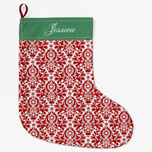 Red, White en Green Floral Damask Grote Kerstsok