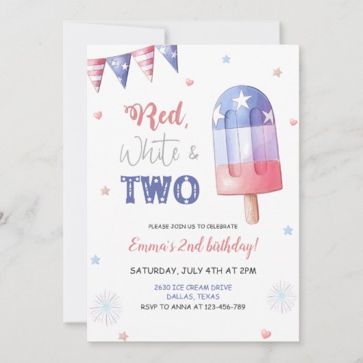Red White en Two Birthday Invitation Kaart (Voorkant)