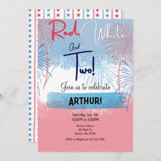 Red White en Two Birthday Invitation Kaart (Voorkant / Achterkant)