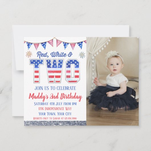 Red White en Two Fourth of Juli Foto Birthday Kaart (Voorkant)