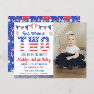 Red White en Two Fourth of Juli Foto Birthday Kaart