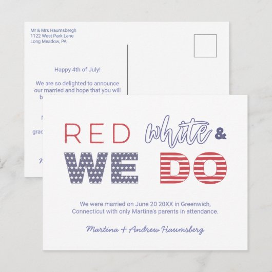 Red White en we zijn getrouwd. Aankondigingskaart (Voorkant / Achterkant)