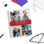 Red White Family Foto Collage Planner<br><div class="desc">Stijlvolle planner die u kunt personaliseren met zes van uw eigen foto's in een minimalistische fotocollage. Pas verder met jouw naam of familienaam in witte kalligrafieleningen aan. Op de achterzijde ziet u een patroon van roze rode en witte strepen.</div>