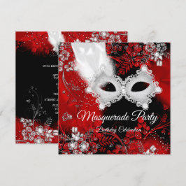 Red White Feathers Masquerade Birthday Party Kaart