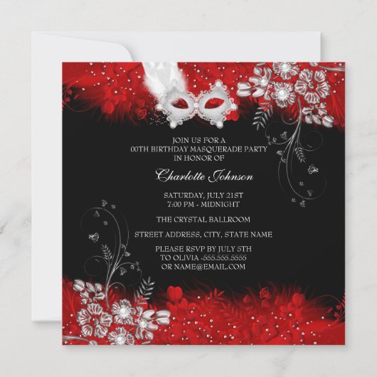 Red White Feathers Masquerade Birthday Party Kaart (Achterkant)