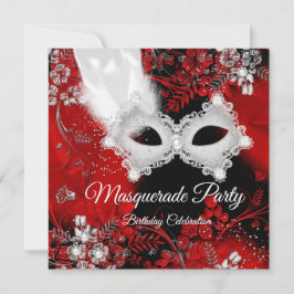 Red White Feathers Masquerade Birthday Party Kaart