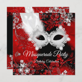 Red White Feathers Masquerade Birthday Party Kaart