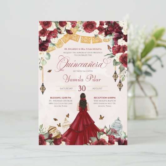 Red White Floral Butterfly Elegant Quinceanera V1 Kaart (Staand voorkant)