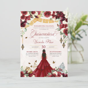 Red White Floral Butterfly Elegant Quinceanera V1 Kaart