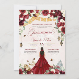 Red White Floral Butterfly Elegant Quinceanera V2 Kaart
