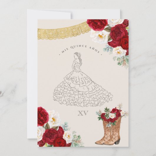 Red White Floral Elegant Gold Charro Quinceanera Kaart (Achterkant)