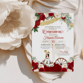 Red White Floral Elegant Gold Charro Quinceanera Kaart