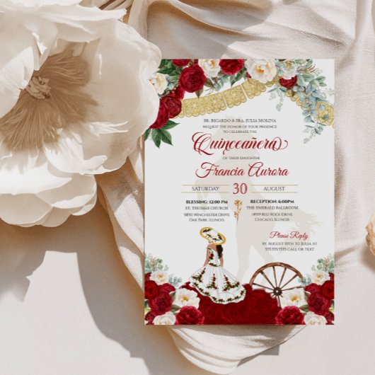 Red White Floral Elegant Gold Charro Quinceanera Kaart