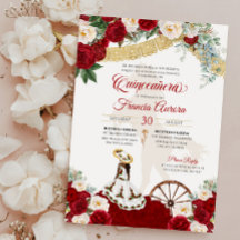 Red White Floral & Gold Elegant Charro Quinceanera