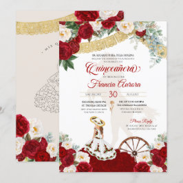 Red White Floral & Gold Elegant Charro Quinceanera Kaart