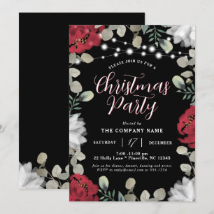 Red White Floral Licht op Black Kerstparty Kaart