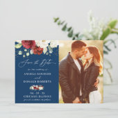 Red White Floral Navy Blue Gold Confetti Wedding Save The Date (Staand voorkant)