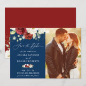 Red White Floral Navy Blue Gold Confetti Wedding Save The Date (Voorkant / Achterkant)