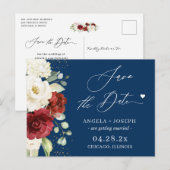 Red White Floral Navy Blue Wedding Save the Date Briefkaart (Voorkant / Achterkant)