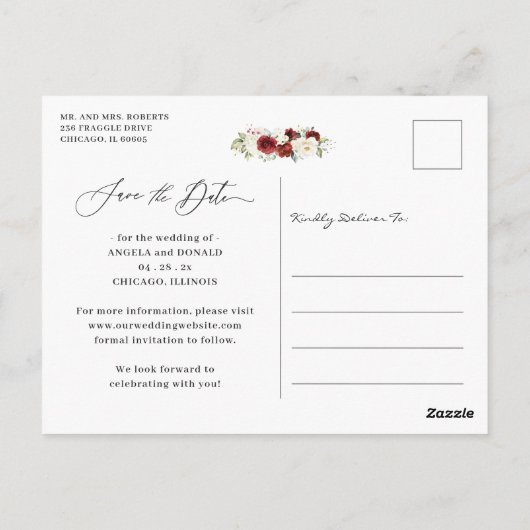Red White Floral Navy Blue Wedding Save the Date Briefkaart (Achterkant)