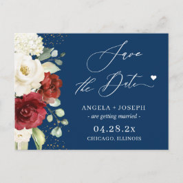 Red White Floral Navy Blue Wedding Save the Date Briefkaart