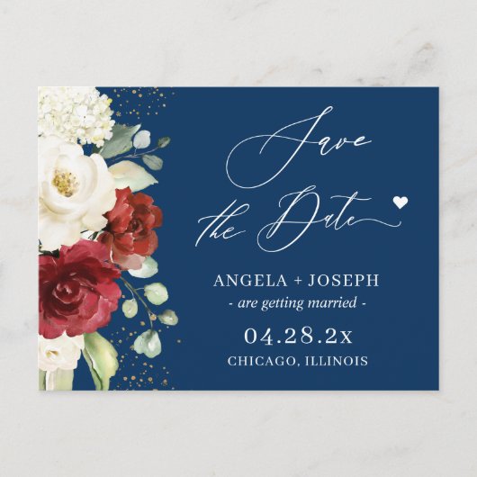 Red White Floral Navy Blue Wedding Save the Date Briefkaart (Voorkant)