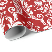 Red White Floral Swirl Damask Cadeaupapier (Rol Hoek)