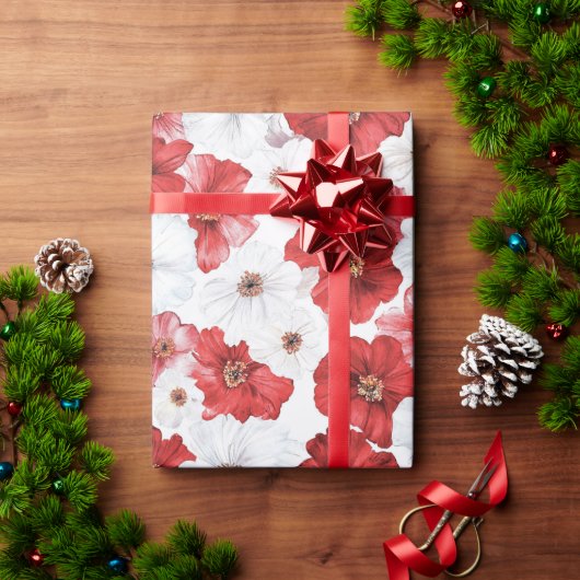 Red White Flowers Christmas Cadeaupapier (Feestdagen Geschenken)