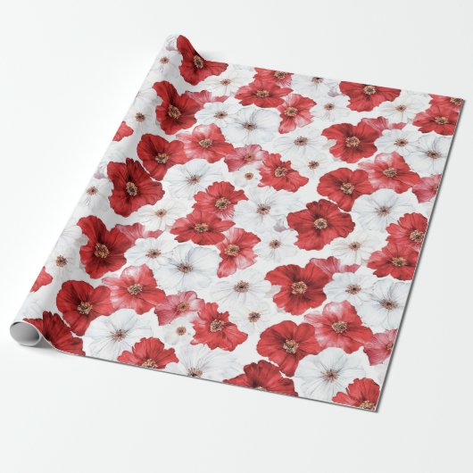 Red White Flowers Christmas Cadeaupapier (Uitgerold)
