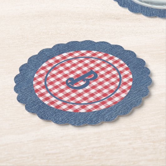 Red & White Gingham, Blue Denim Print, Initial (6) Kartonnen Onderzetters (Gekanteld)