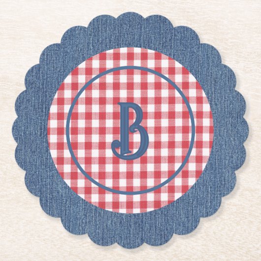 Red & White Gingham, Blue Denim Print, Initial (6) Kartonnen Onderzetters (Voorkant)