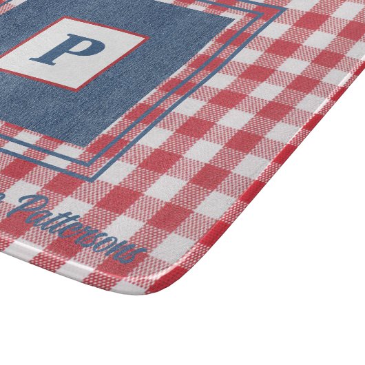 Red & White Gingham Check, Blue Denim Glass Snijplank (Hoek)