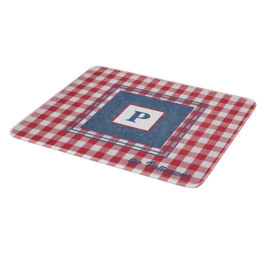 Red & White Gingham Check, Blue Denim Glass Snijplank (Hoek)