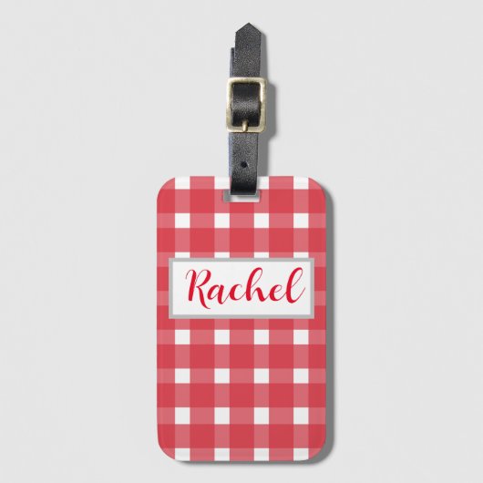 Red White Gingham, gepersonaliseerd Bagagelabel (Voorkant (verticaal))