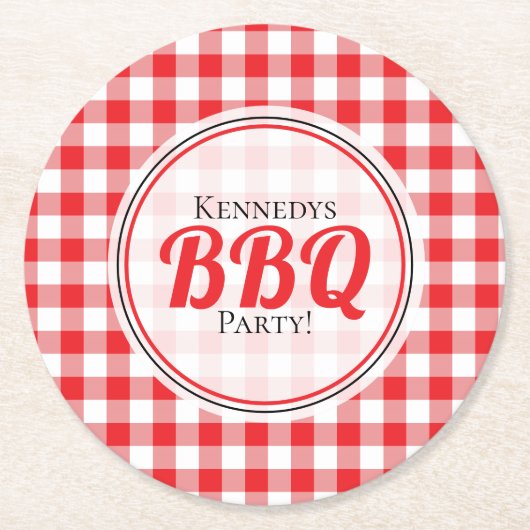 Red White Gingham Pattern Family BBQ Ronde Kartonnen Onderzetter (Voorkant)