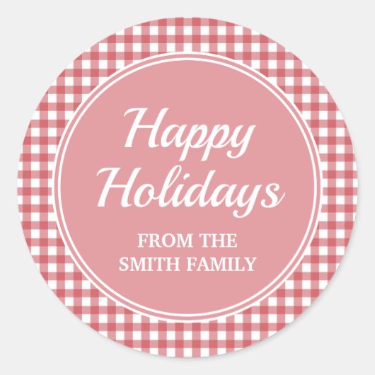 Red White Gingham Pink Prettige feestdagen Ronde Sticker (Voorkant)