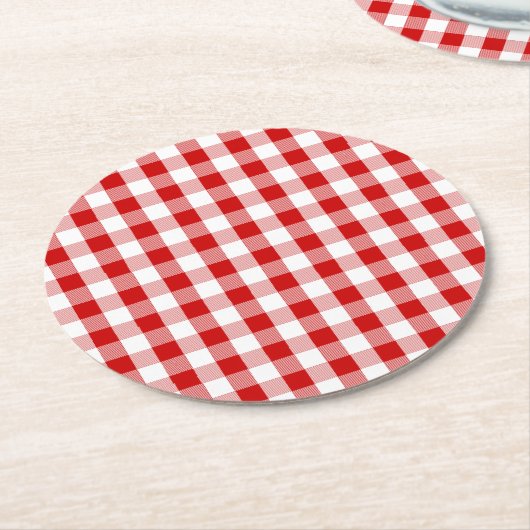 Red & White Gingham Plaid controleert rustieke bru Ronde Kartonnen Onderzetter (Gebogen)