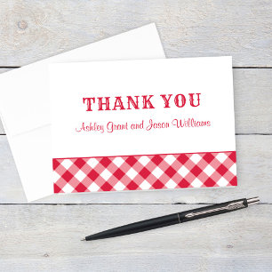 Red White Gingham Plaid Wedding Monogram Bedankkaart