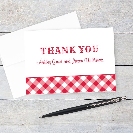 Red White Gingham Plaid Wedding Monogram Bedankkaart