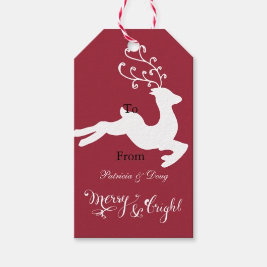 Red White Glitter Reindeer Cadeaulabel (Voorkant)