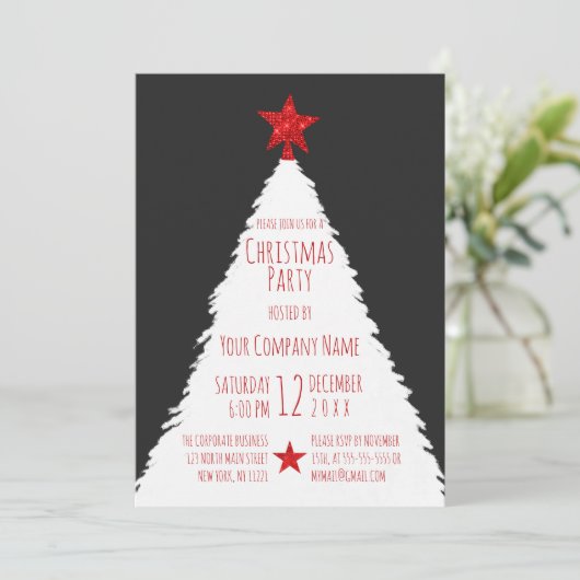 Red White Glitter Star Tree Corporate Kerstmis Kaart (Staand voorkant)