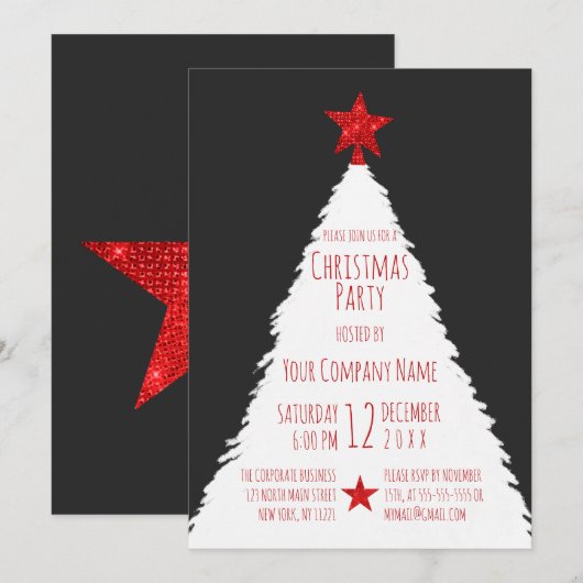 Red White Glitter Star Tree Corporate Kerstmis Kaart (Voorkant / Achterkant)